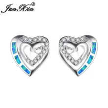 JUNXIN элегантный синий огонь запонка с опалом серьги женские полые сердце, кубический циркон серьги 925 серебро ювелирные изделия