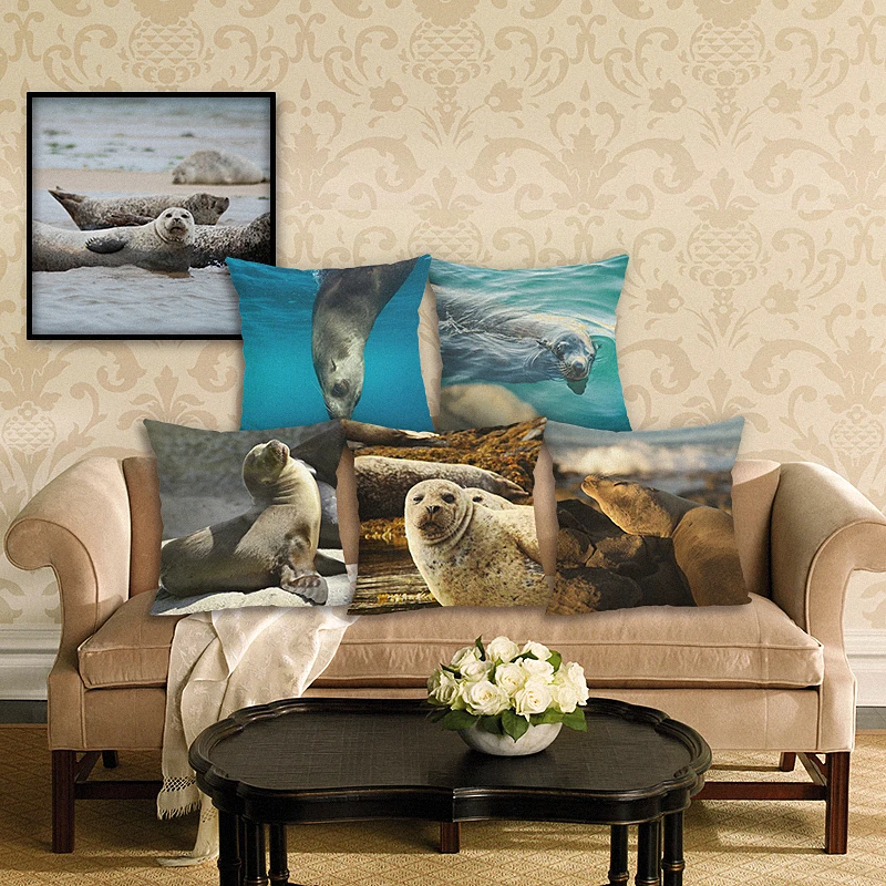 

New Home Decor Sea Lion Printed Cushion Cover Linen Pillowcase Decorative Throw Pillow Cover for Sofa Cushion Case 43x43cm