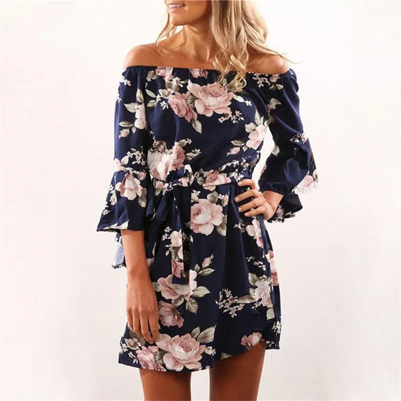 

2019 New Women Dress Summer dresses Sexy Off Shoulder Floral Print Chiffon Dress Boho Style Short Party Beach Dresses Drop Shop