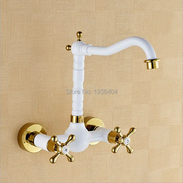 

Wholesale Retro hot and cold taps Bathroom copper faucet basin faucet wall mounte Dual Holder white paint mixer taps W3013