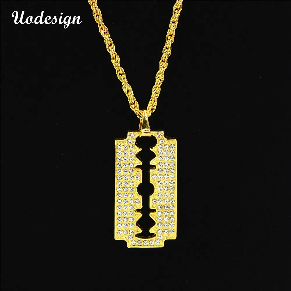 

Uodesign Hip hop Style Razor Blade Pendant Alloy Gold Color Iced Out Rhinestones With 70cm Chain Necklace For Men