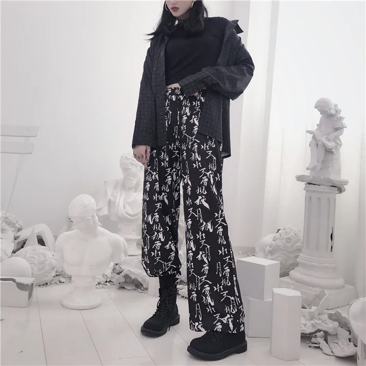 Harajuku BF sytle Chinese Letters Leopard Pants Women hippie flare loose pants for women streetwear high waist pants punk Harajuku BF sytle Chinese Letters Leopard Pants Women hippie flare loose pants for women streetwear high waist pants punk