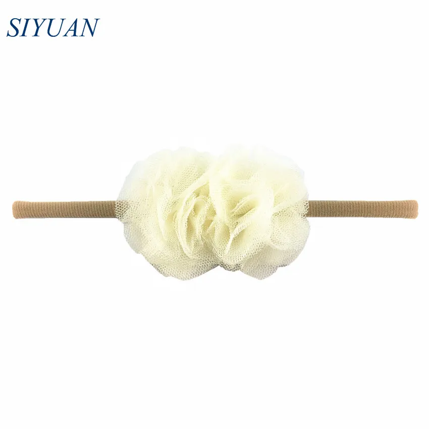 2-ivory 5 шт./лот, 2,4 дюймов, ткань, тюль, помпон, цветок, с нейлоновой повязкой на голову, два цветка, повязка на голову, Детские аксессуары для волос HB073 - Цвет: 2-ivory