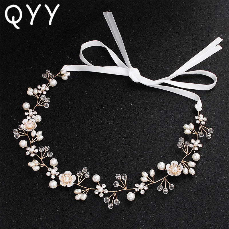 

QYY Flowers Austrian Crystal Pearls Vine Wedding Headbands Bridal Hair Accessories Hair Jewelry Bridesmaid Headpieces Tiaras