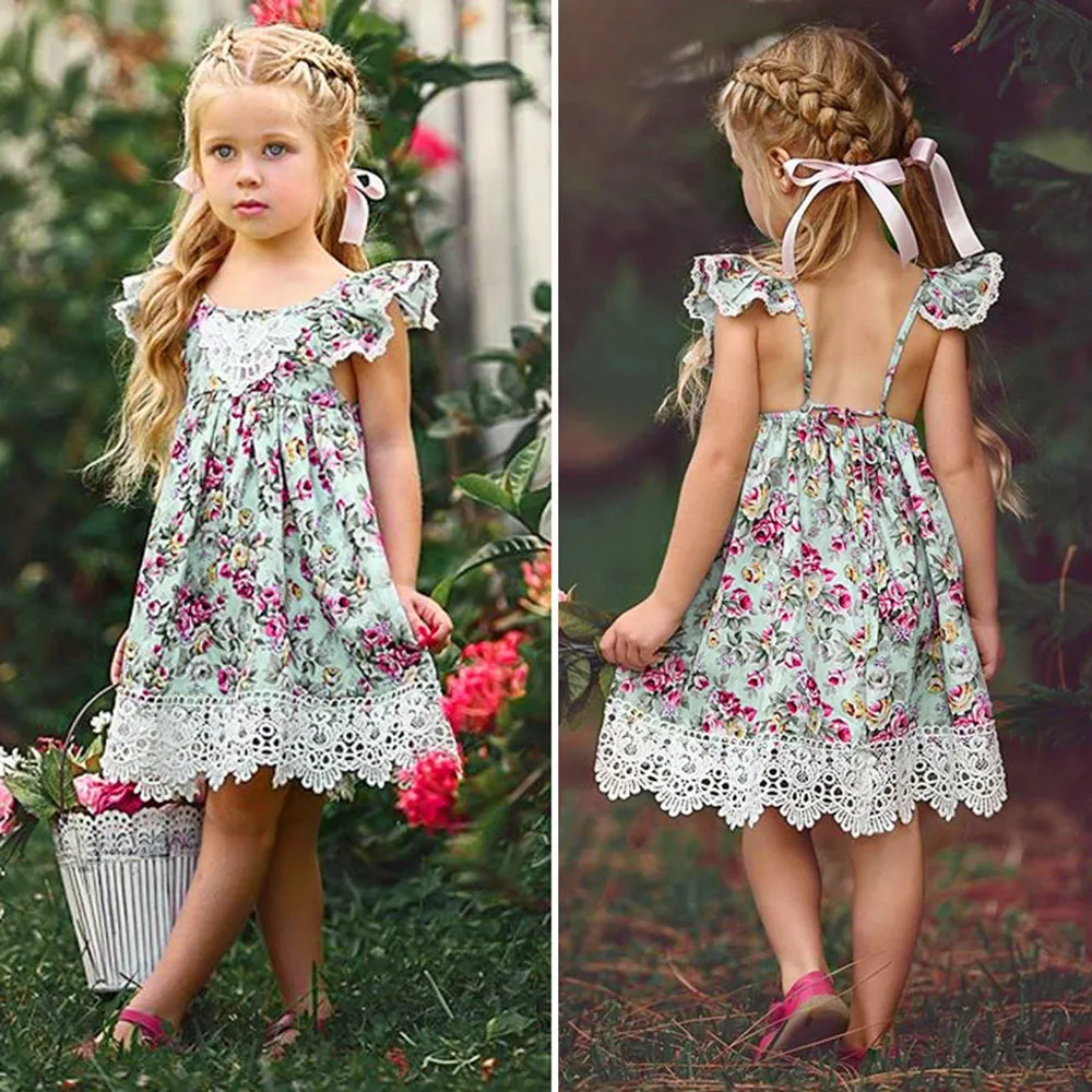 

Toddler Kids Baby Girls Dress Princess Summer Straps Lace Dresses Ruffles Floral Print Clothing vestidos roupas infantis menina