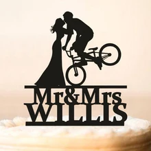 Mr и Mrs торт Топпер с фамилией, заказной торт Топпер, велосипед торт Топпер, невеста и жених на велосипеде силуэт