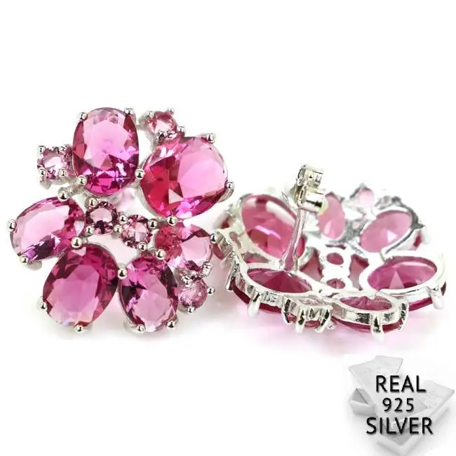 

Real 5.6g 925 Solid Sterling Silver New Designed Pink Tourmaline CZ Stud Earrings 20x20mm
