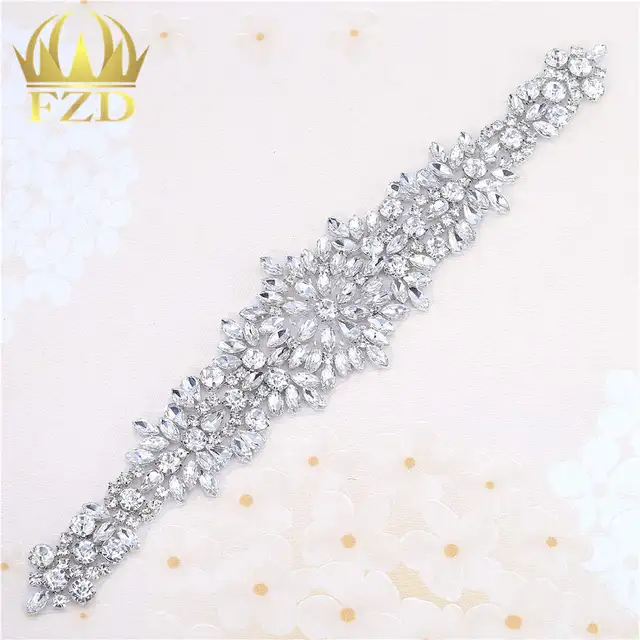 Price (1piece)Handmade Beaded Hot Fix Sliver Crystal Bling Sew On Bridal Rhinestone Applique Motif Patch for Wedding Dresses DIY Belt