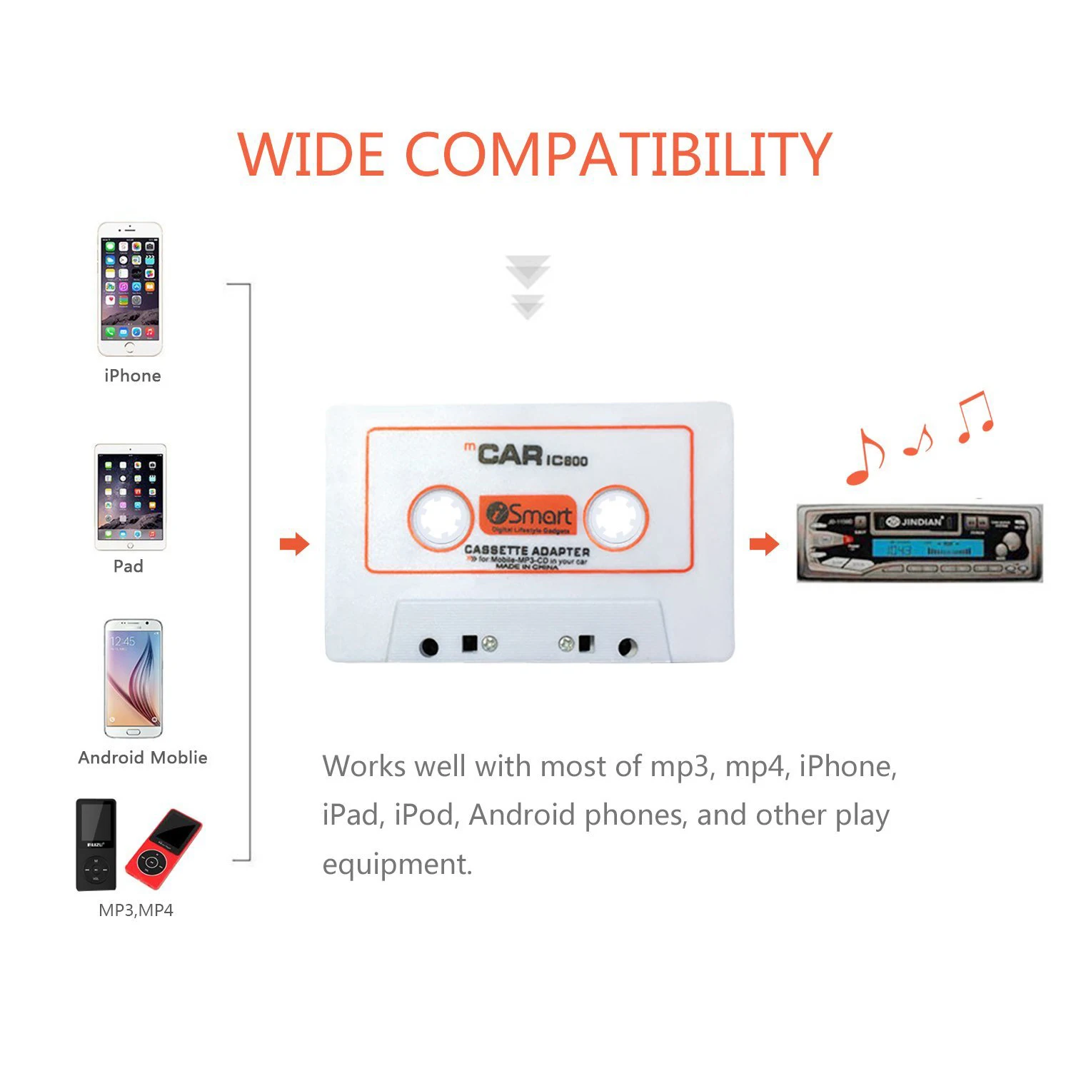 Автомобильный Кассетный адаптер 3,5 мм автомобильный аудио Кассетный адаптер для смартфонов, MP3, MP4, iPod, iPad, dvd-плеер, белый
