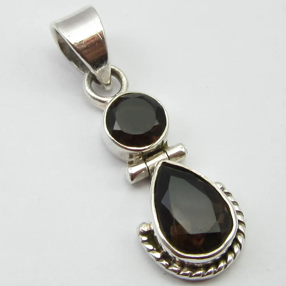 

Silver Round, Drop SMOKY Quartzs Pendant 1.2" !
