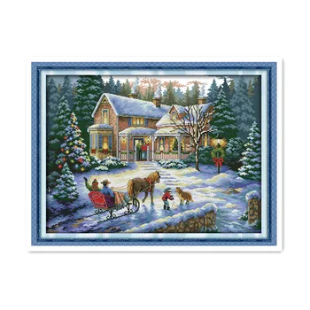

Christmas return beautiful snow scene countryside villa carriage cross stitch kit printing embroidery decorations