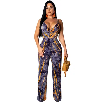 

Tie Dye Printed One Piece Jumpsuit Women V-neck Spaghetti Strap Backless Loose Romper Wide Leg Pants Sexy Club Party Overalls