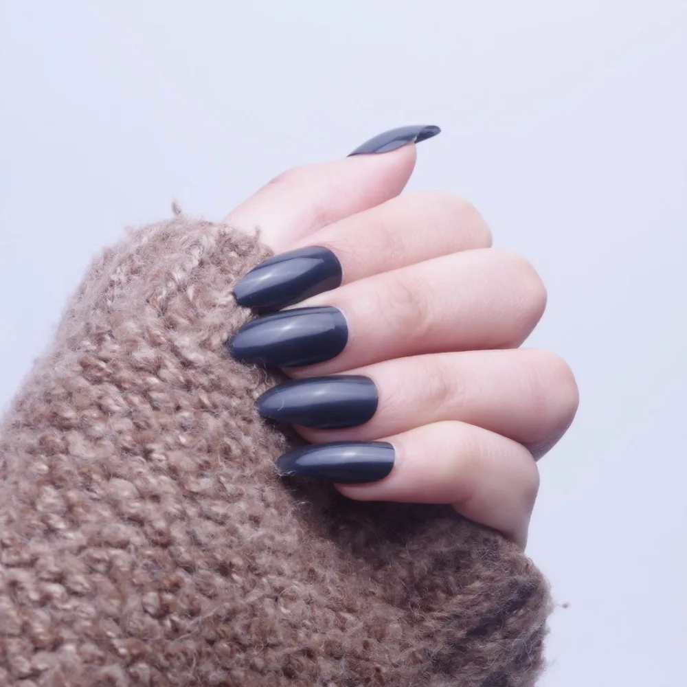 24pc Cheap Oval Stiletto Almond Fake Nails Tips Full Cover False Nails Solid Colors with Glue