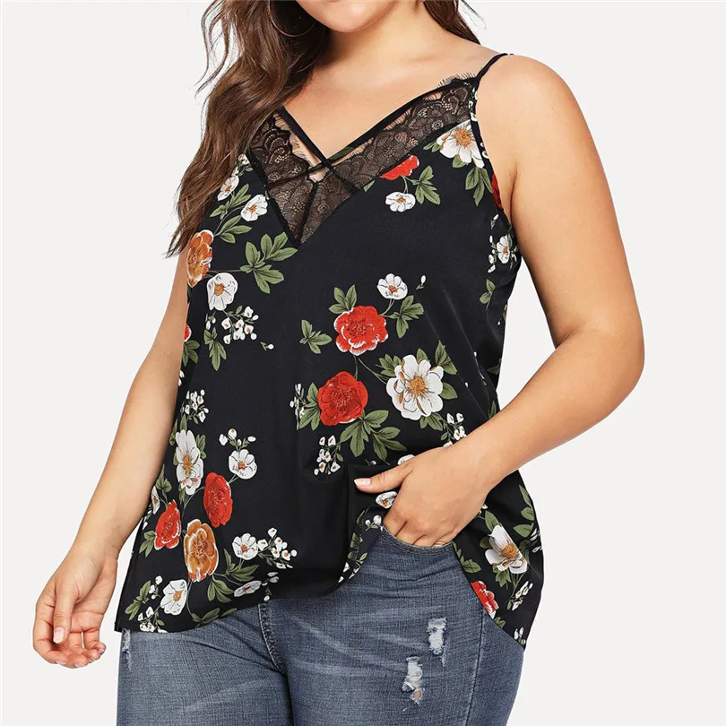 New Womens Girls Summer Daily Casual Sexy Plus SizeSleeveless Floral Print Lace Patchwork Camis Crop Top tops #4F05 (20)