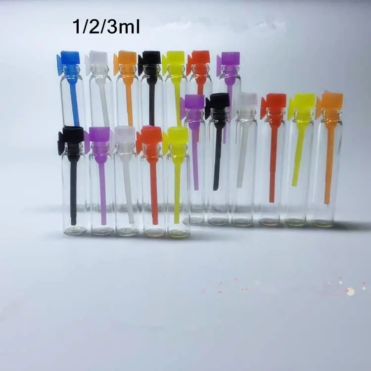 

Free Shipping 100pcs/lot 3ml Mini Glass Perfume Bottle In Refillable Essential Oils For Test Parfum Glass Vials With Colors Cap