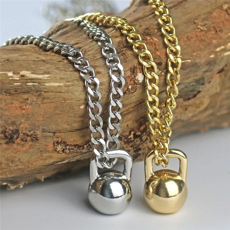 

Hot sell Gold Silver Black Color Alloy Mens dumbbell KettleBell Pendant Necklace For Male sports fitness barbell jewelry