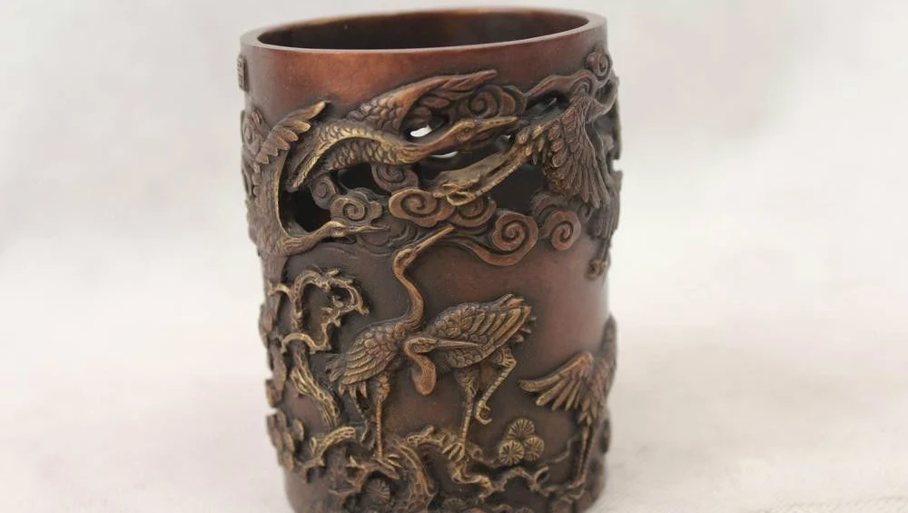 

4"Marked China Chinese Bronze Dynasty Palace Lucky Nine crane Brush Pot