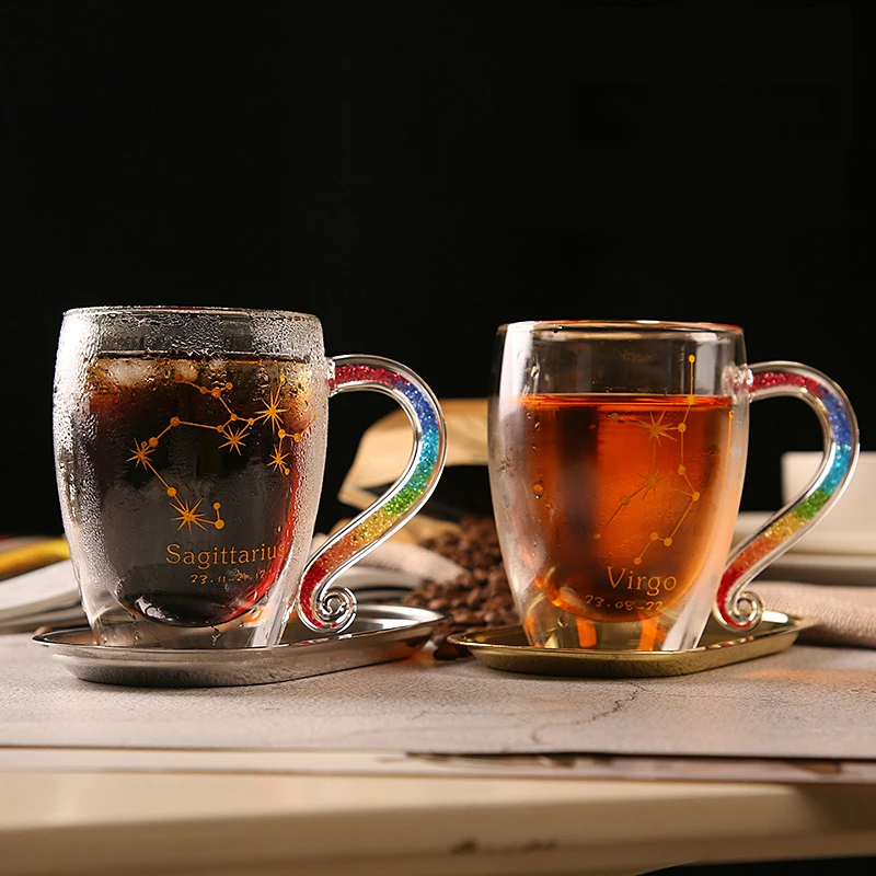 

12 Constellations Rainbow Crystal Diamond Handgrip Coffee Mug With Lid Spoon Double Wall Glass Tea Milk Juice Cup Taza Gift Box