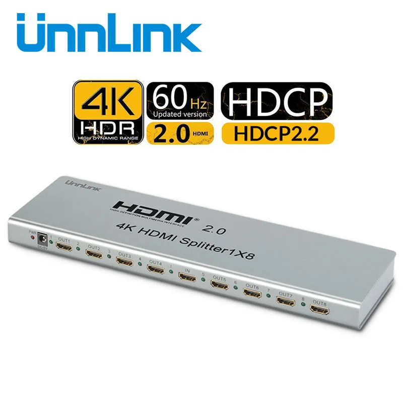 Разветвитель Unnlink HD mi 1X8 HD mi 2,0 UHD 4 k@ 60HZ 4:4:4 HDCP 2,2 HDR 1 в 8 для Светодиодный HDTV mi box ps4pro xbox one s/x Проектор