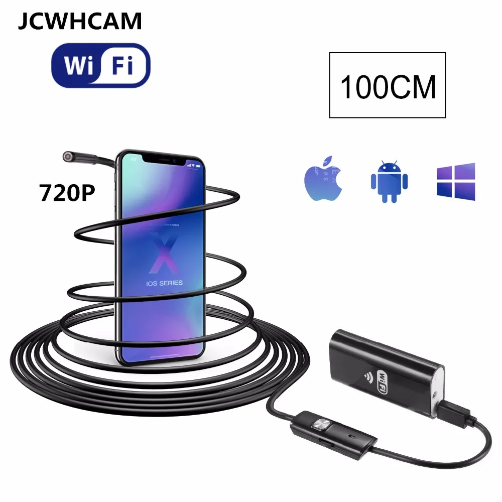 JCWHCAM Wifi Endoscope iOS Android 1M Soft cable 8mm HD 720P Borescope pipe mini IP Camera