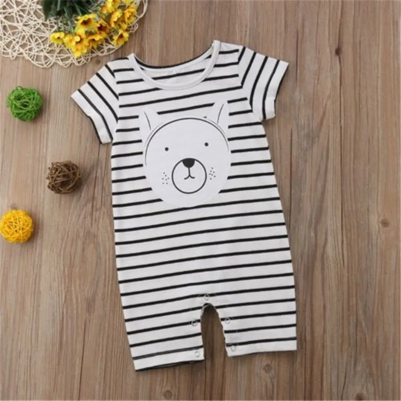 Cute Round Neck Boy Girl Clothing Bear Short Sleeve Outfits Cute Cotton Clothes Kids Children Baby Boys Girls Romper Striped