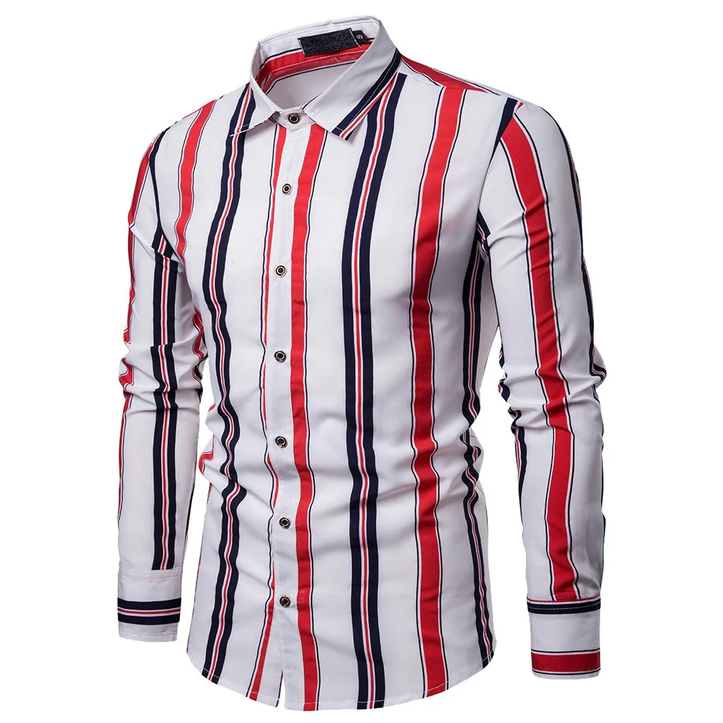 

2019 Men Striped Shirts Casual Long Sleeved Mens Shirt 2XL Plus Size Slim Fit Man Shirt Male Social Dress Shirts Outwear Cotton