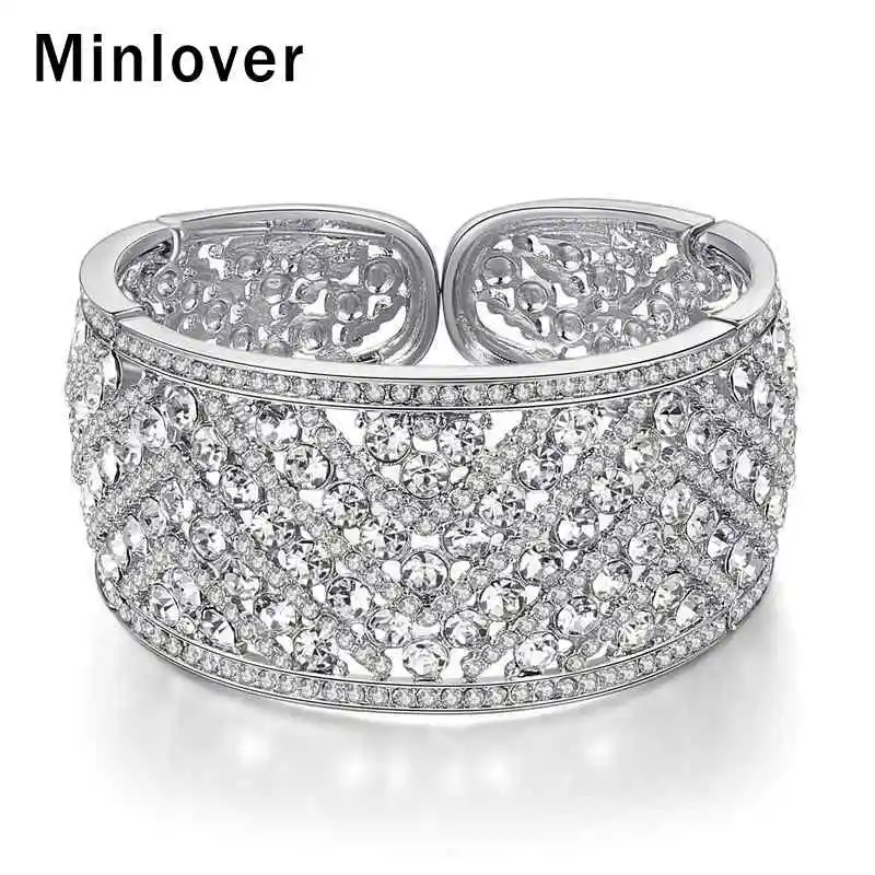 

Minlover Silver Color Crystal Bridal Bracelets Bangles Statement Round Rhinestone Women Cuff Bracelets Jewelry 2019 New MSL362