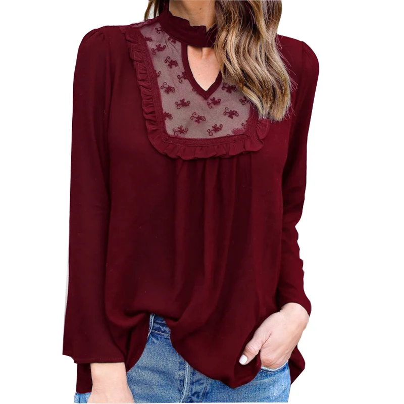 font b Women b font Sexy Lace Spliced V Neck Long Sleeve Chiffon font b