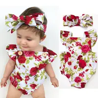 Cute Floral Romper 2pcs Baby Girls Clothes Jumpsuit Romper+Headband 0-24M Age Ifant Toddler Newborn Outfits Set Hot Sale 1