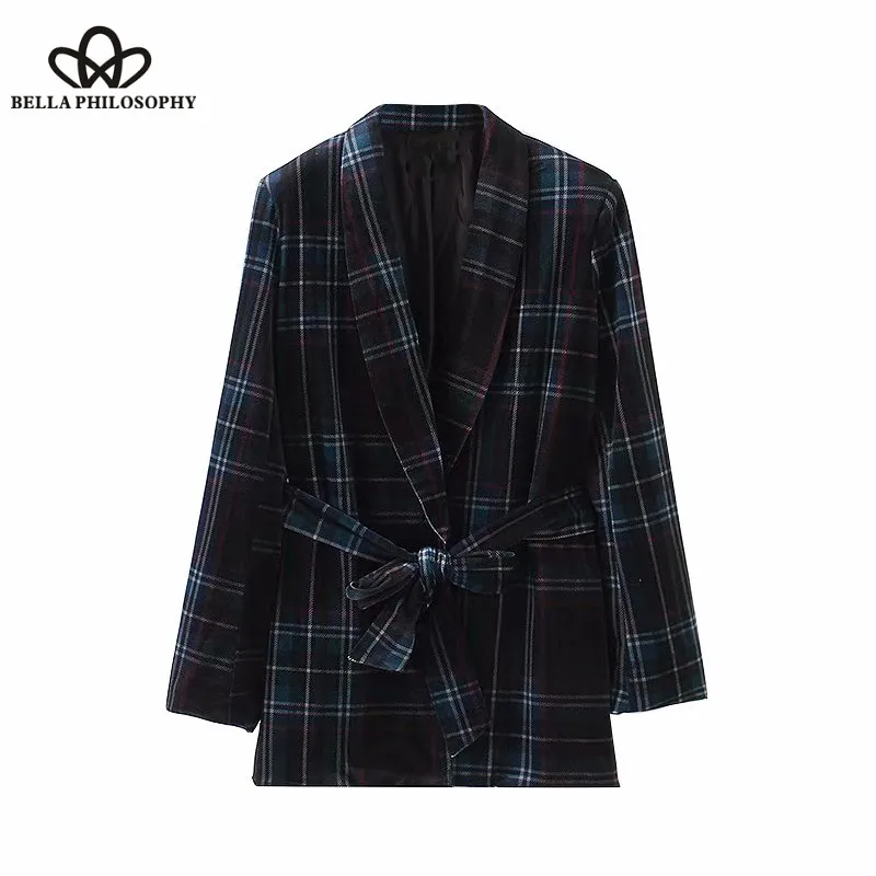 Wonder 2018 new autumn Vintage Bow Tie Sashes Checked Velvet Blazers Coat Long Sleeve Plaid Ladies Outerwear Casual Casaco Femme