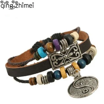 

European Fashion Antique Silver Plated Yin Yang Pendant Jewelry Women Charm Bracelet Hollow Flower Studded 100% Leather Bracelet
