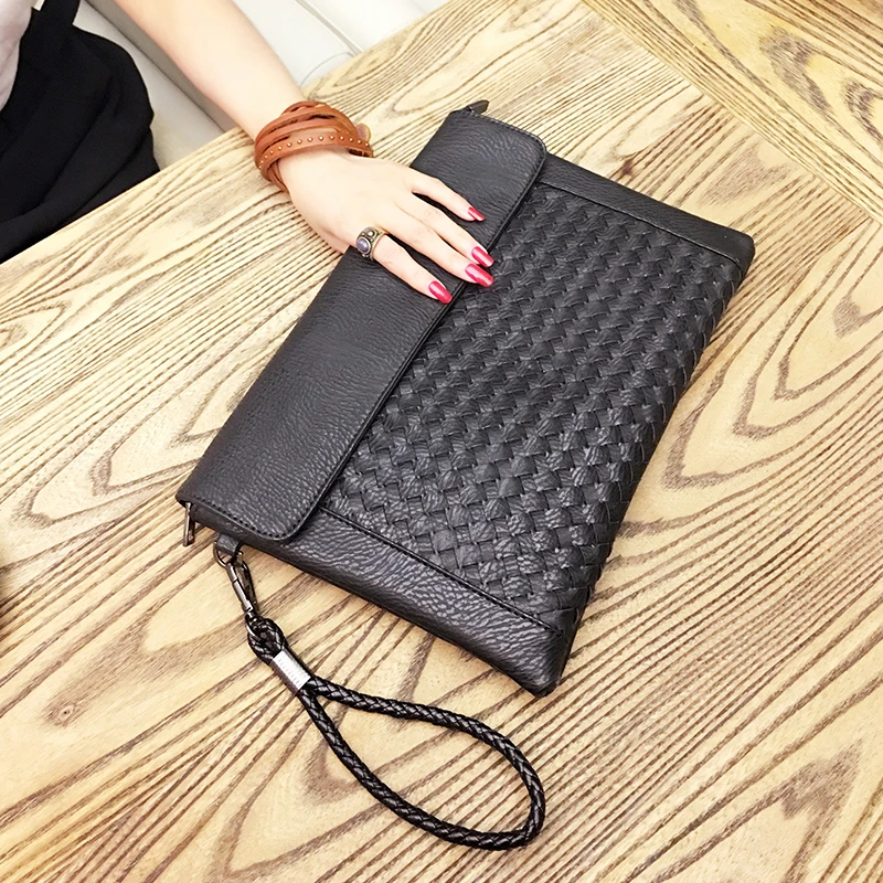 Designer Oversized Clutch Bag Black Weave Plaid Soft PU Leather Korean Fashion Clutch Handbag ...