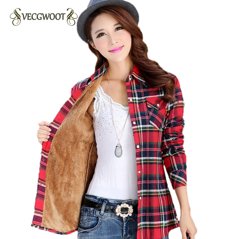 

Tops Blusa Camisa Femininas Autumn winter warm cotton long-sleeved thick plus velvet women's plaid shirt office shirts WYT596