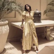 Винтажное Дворцовое стильное платье цвета хаки, шикарное женское платье макси на пуговицах спереди с поясом, пышные рукава, цветочный принт, весна-лето, vestidos