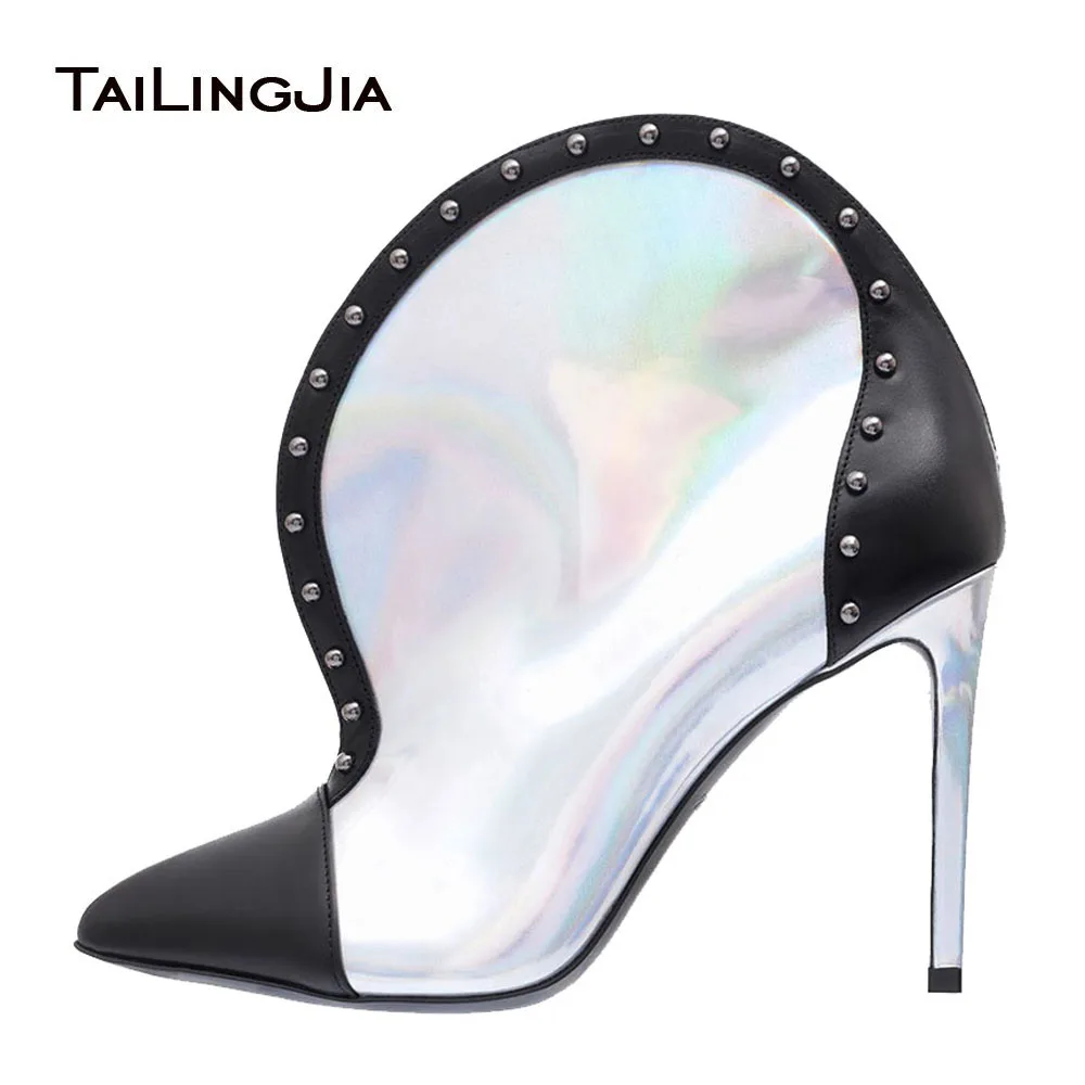 

Chelsea Fashion Mixed Color Pointed Toe Short Woman Boots With Rivets Mirror Surface Studs High Heel Slip On Ladies Ankle Boots