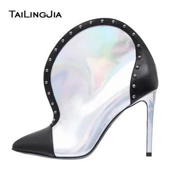 

Chelsea Fashion Mixed Color Pointed Toe Short Woman Boots With Rivets Mirror Surface Studs High Heel Slip On Ladies Ankle Boots