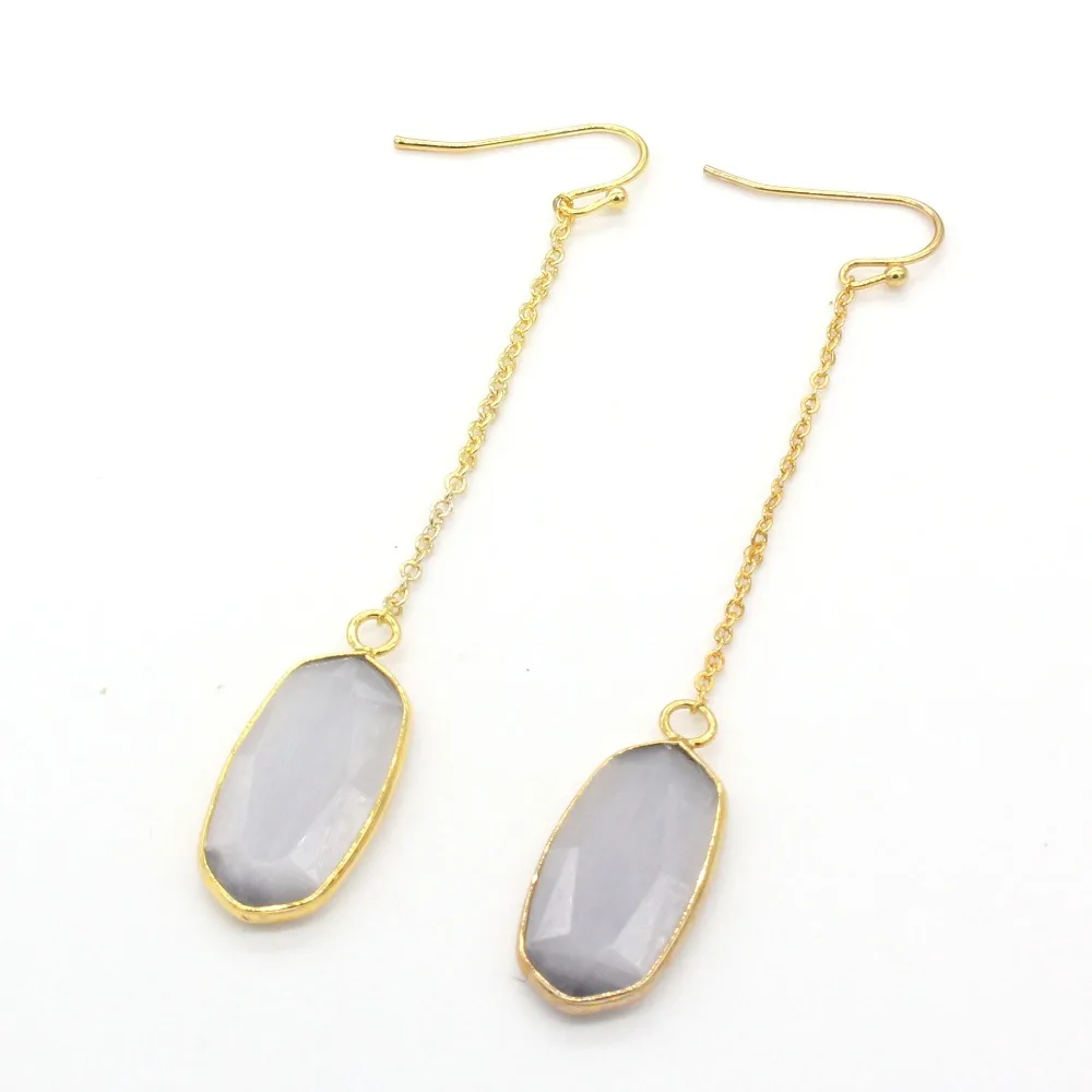 

Kraft-beads Attractive Design Gold Color Gray Cat Eye Stone Section Oval Earrings Long Chain Earrings For Women