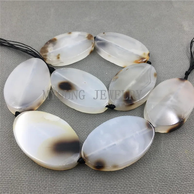 MY1223 Oval Polished Clear Slice White and Brown agates Slab Drilled Pendant Beads For DIY Jewelry 15.5 Inch Strand (3)