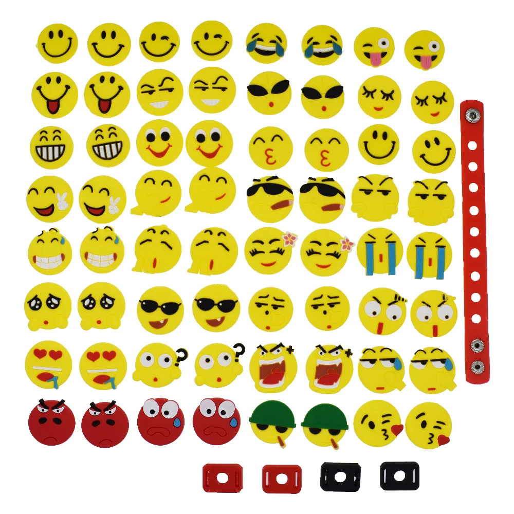 

64 Smile Face Emoji Croc Shoe Charms Emoticons Fits for Croc Shoes & Wristband + 4Pcs Shoe Lace Adapter + 1Pcs 7.08in Bracelet