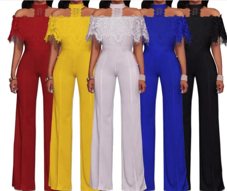 

Summer Beach Lace Hollow Sexy Wide Leg Jumpsuits Halter Off Shoulder Lace Work Party Overalls Casual Long Rompers Women Jumpsuit
