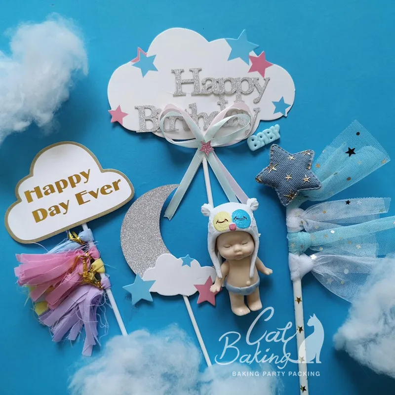 

Gold White Earth Airplane Star Cloud Spaceship Cake Topper for Party Decoration Dessert lovely Gifts