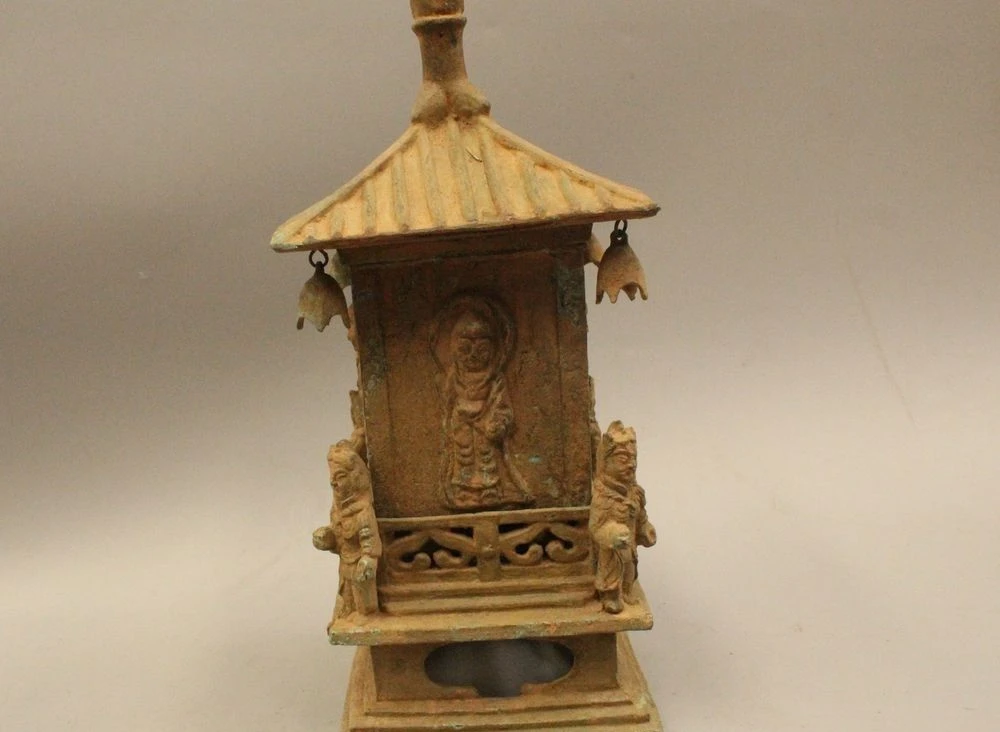 

14"Ancient Chinese Dynasty Palace Old Bronze Buddha Men Pagoda Statue