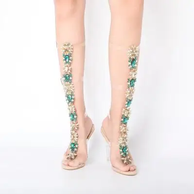 

Clear PVC Transparent Rhinestone Knee High Sandals Boots Buckle Strap Open Toe High Heels Women Summer Boots Gladiator Sandals