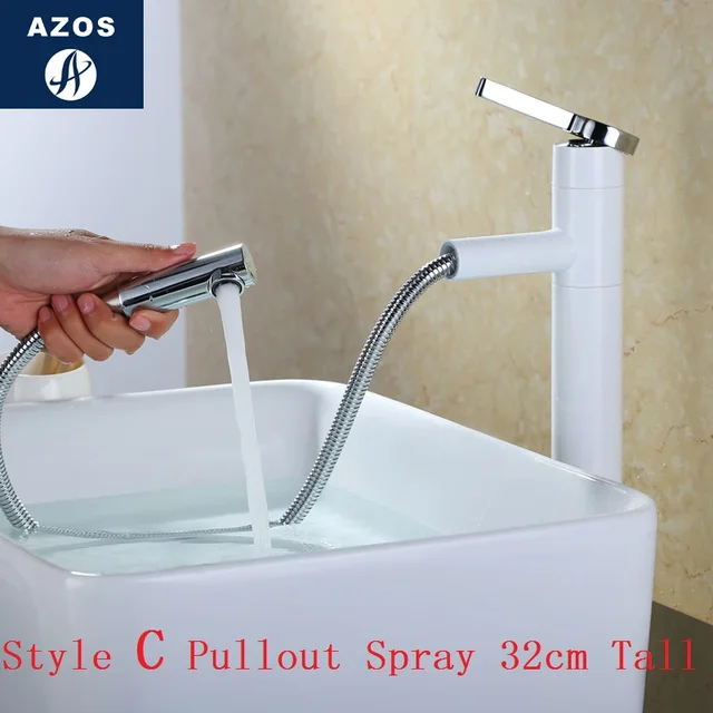 Bathroom Sink Faucets 32cm Tall Swivel Pull Out Hose Spray Single Bathroom Sink Faucets 32cm Tall Swivel Pull Out Hose Spray Single Handle White Porcelain Solid Br