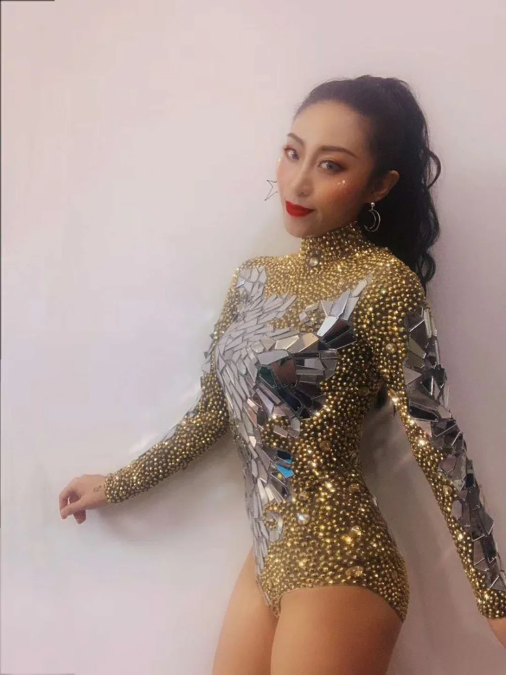 Women Gold Rhinestones Bodysuit Long Sleeve Sequins Leotard Pole Dancing Catsuit Stretch Jumpsuit Nightclub Dj Singer Costumes plus size bodysuit