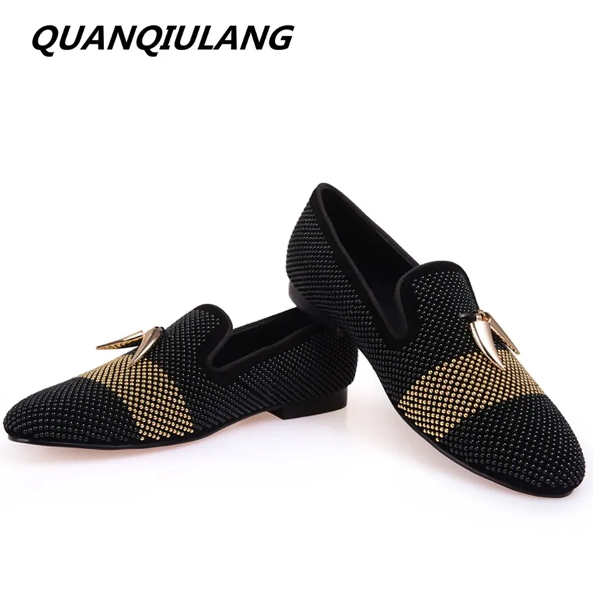 Men/'s Velvet Dress Shoes Loafers Slippers Flats with Gold Metal Shark Tooth New