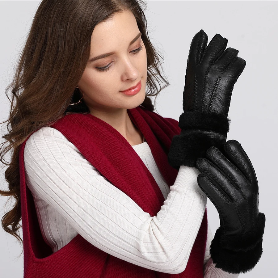 YCFUR Women Gloves Mittens Winter Heavy Warm Soft Genuine Sheepskin Fur