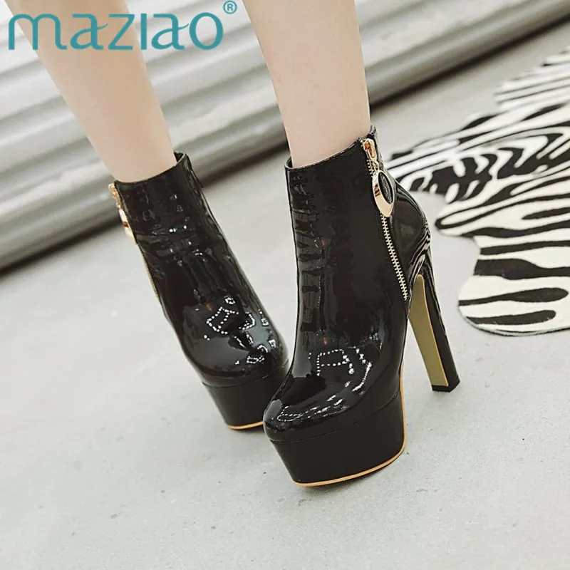

MAZIAO Autumn Winter Ankle Boots Fashion High Heels Platform Sexy Motorcycle Boots Patent Leather Ladies Wedding Shoes Black Red
