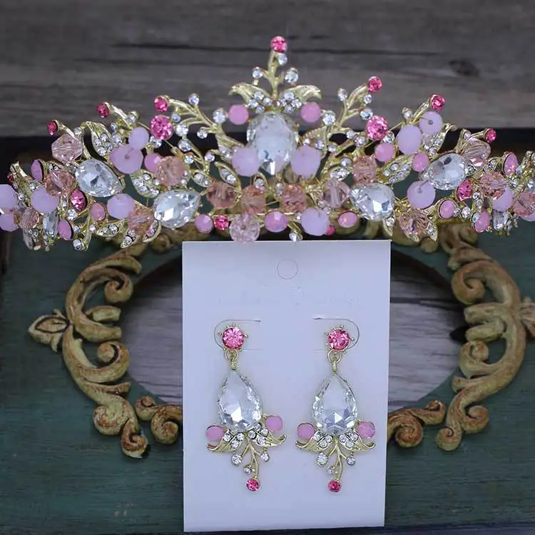

Baroque Gold Pink Crystal Bridal Tiara Crown Princess Queen Pageant Prom Rhinestone Veil Tiara Headband Wedding Hair Accessories