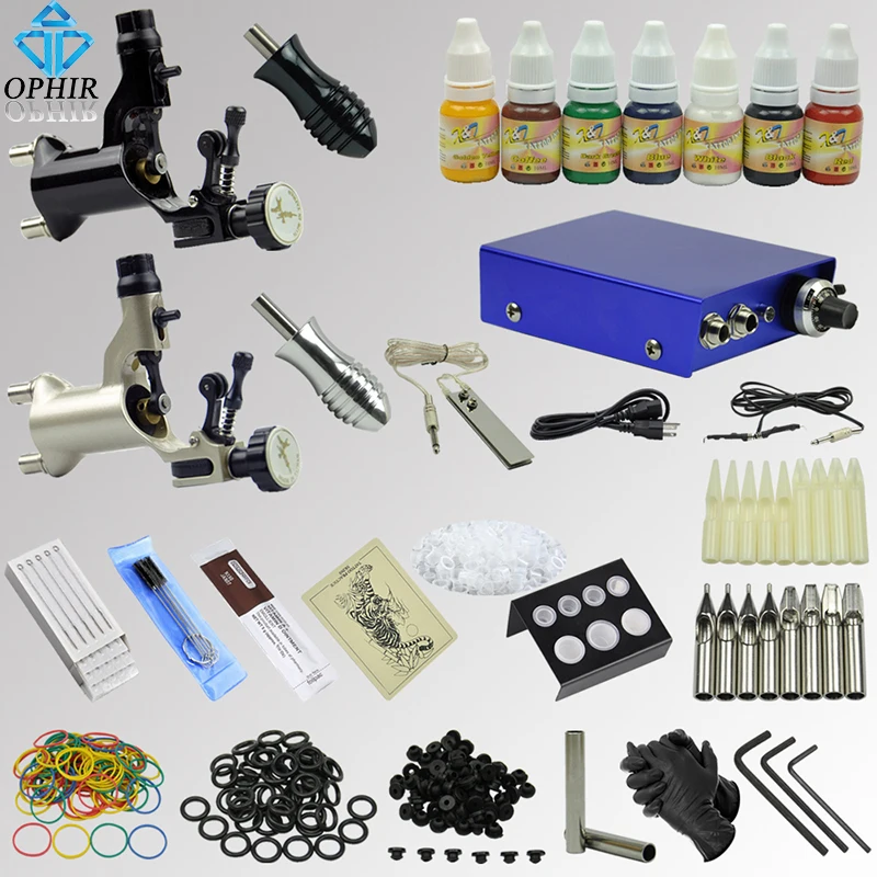 

OPHIR Complete Tattoo Kit 2 Motor Rotary Tattoo Gun Machines 7x Ink Pigment Power Supply Tattoo Needle Nozzle Grip Set_TA067